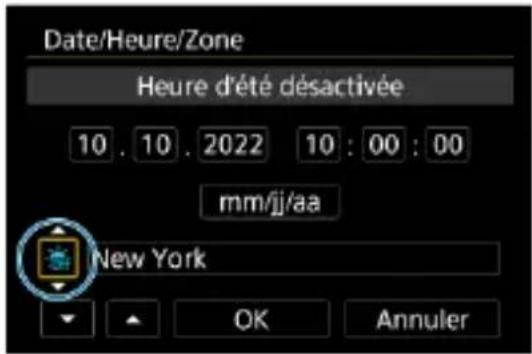 Date/Heure/Zone Heure d'été désactivée 10 . 10 . 2022 10 : 00 : 00 mm/jj/aa New York OK Annuler