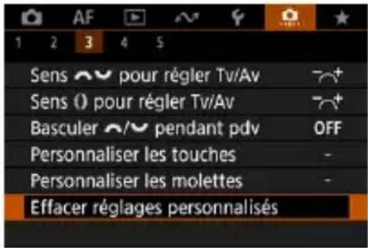 Sens pour régler Tv/Av Sens () pour régler Tv/Av Basculer // pendant pdv OFF Personnaliser les touches Personnaliser les molettes Effacer réglages personnalisés