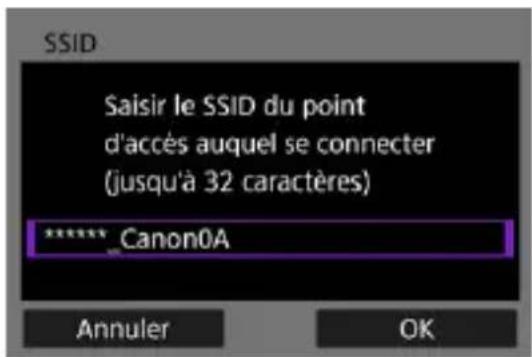 SSID Saisir le SSID du point d'accès auquel se connecter (jusqu'à 32 caractères) ******* Canon0A Annuler OK