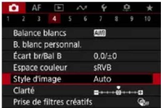 AF 1 2 3 4 5 6 7 8 9 10 Balance blancs AWB B. blanc personnel. Écart br/Bal B 0,0/±0 Espace couleur sRVB Style d'image Auto Clarté Prise de filtres créatifs