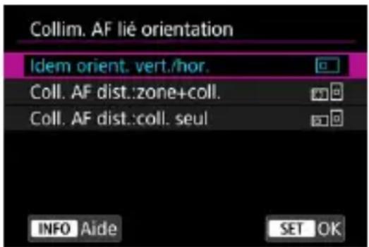 Collim. AF lié orientation Idem orient. vert./hor. Coll. AF dist.:zone+coll. Coll. AF dist.:coll. seul INFO Aide SET OK
