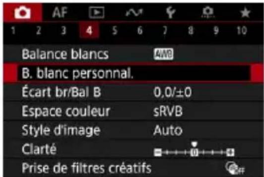 AF 1 2 3 4 5 6 7 8 9 10 Balance blancs AWB B. blanc personnel. Écart br/Bal B 0,0/±0 Espace couleur sRVB Style d'image Auto Clarté Prise de filtres créatifs
