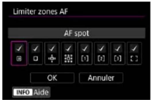 Limiter zones AF AF spot OK Annuler INFO Aide