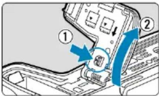 Diagram showing a device with labeled parts and directional arrows indicating movement or assembly.