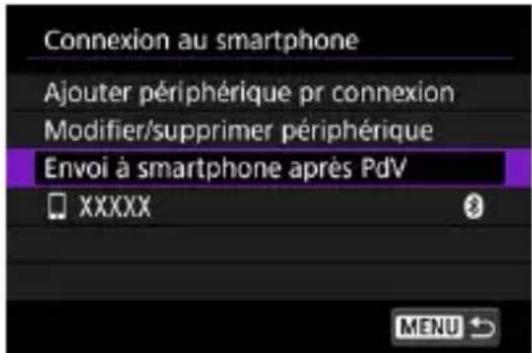 Connexion au smartphone Ajouter périphérique pr connexion Modifier/supprimer périphérique Envoi à smartphone après PdV XXXXX