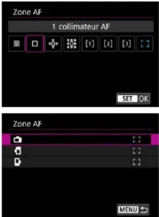 Zone AF 1 collimateur AF SET OK Zone AF Menu