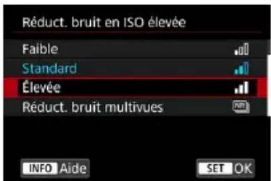 Réduct. bruit en ISO élevée Faible Standard Élevée Réduct. bruit multivues INFO Aide SET OK