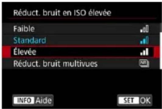 Réduct. bruit en ISO élevée Faible Standard Élevée Réduct. bruit multivues INFO Aide SET OK