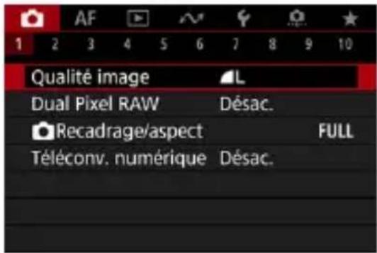 Qualité image Dual Pixel RAW Recadrage/aspect Téléconv. numérique L Désac. FULL Désac.