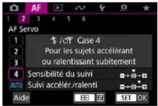 AF Servo 1 /oY Case 4 Pour les sujets accélérant ou ralentissant subitement 2 3 4 Sensibilité du suivi AUTO Suivi accélér./ralenti Aide SET OK