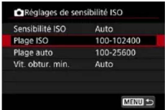 Réglages de sensibilité ISO Sensibilité ISO Auto Plage ISO 100-102400 Plage auto 100-25600 Vit. obtur. min. Auto