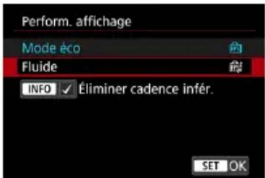 Perform. affichage Mode éco Fluide INFO ✓ Éliminer cadence infér. SET OK