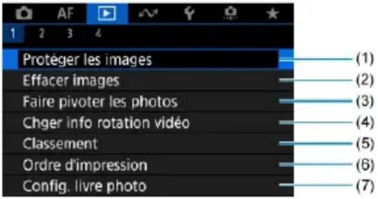 Protéger les images Effacer images Faire pivoter les photos Chger info rotation vidéo Classement Ordre d'impression Config. livre photo