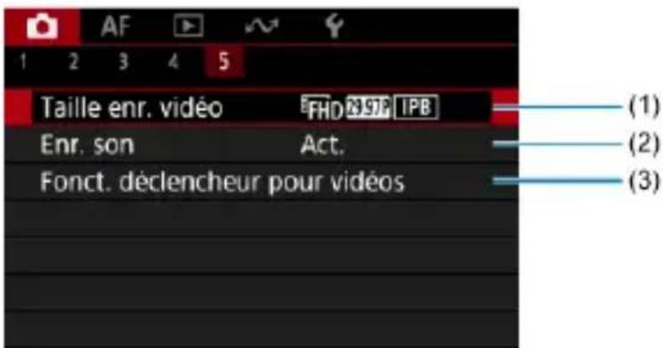 AF 1 2 3 4 5 Taille enr. vidéo FHD 2.97P IPB Enr. son Act. Fonct. déclencheur pour vidéos (1) (2) (3)