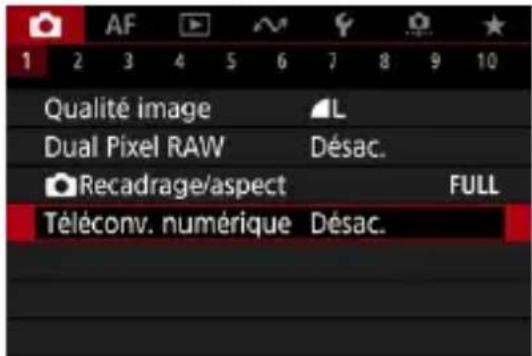 Qualité image Dual Pixel RAW Recadrage/aspect Téléconv. numérique L Désac. FULL Désac.