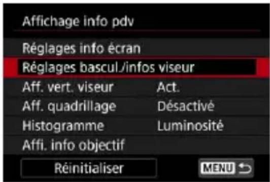 Affichage info pdv Réglages info écran Réglages bascul/infos viseur Aff. vert. viseur Act. Aff. quadrillage Désactivé Histogramme Luminosité Affi. info objectif Réinitialiser MaliNU