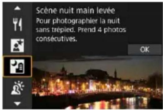 Scène nuit main levée Pour photographier la nuit sans trépied. Prend 4 photos consécutives. OK