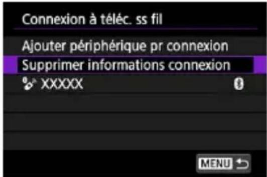 Connexion à téléc. ss fil Ajouter périphérique pr connexion Supprimer informations connexion XXXXX