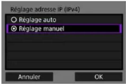Réglage adresse IP (IPv4) Réglage auto Réglage manuel Annuler OK