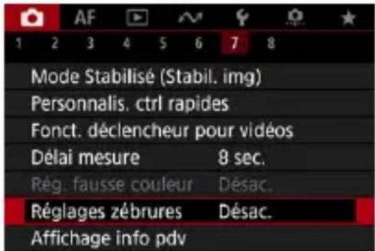 AF 1 2 3 4 5 6 7 8 Mode Stabilisé (Stabil. img) Personnalis. ctrl rapides Fonct. déclencheur pour vidéos Délai mesure 8 sec. Rég. fausse couleur Désac. Réglages zébrures Désac. Affichage info pdv