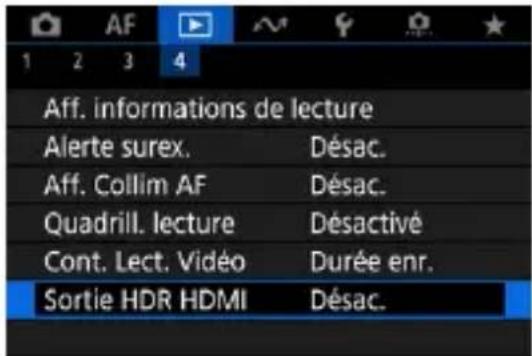 Aff. informations de lecture Alerte surex. Désac. Aff. Collim AF Désac. Quadrill. lecture Désactivé Cont. Lect. Vidéo Durée enr. Sortie HDR HDMI Désac.