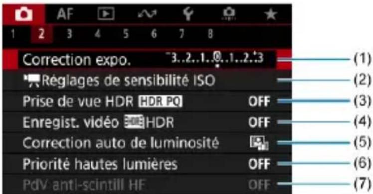 Correction expo. ~3..2..1..0..1..2..3 Réglages de sensibilité ISO Prise de vue HDR HDR PO OFF Enregist. vidéo HDR OFF Correction auto de luminosité Priorité hautes lumières OFF PdV anti-scintill HF OFF