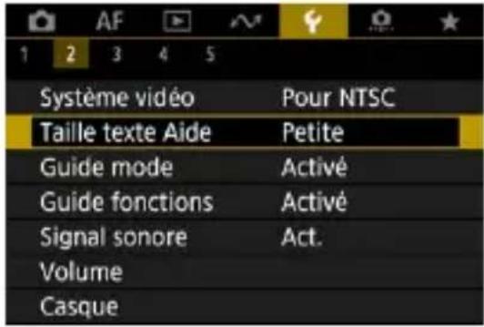 Système vidéo Pour NTSC Taille texte Aide Petite Guide mode Activé Guide fonctions Activé Signal sonore Act. Volume Casque