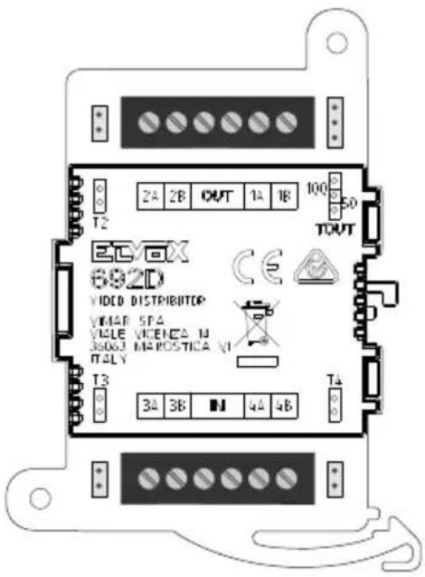 ECGX 802D VIDEO DISTRIBUTOR VH4AB SPA VICLE VICENCIA U 38063 MAPOSTICA VI ITALY T2 2A 2B OUT 1A 1B 100 50 TOUT T3 3A 3B H 4A 4B T4
