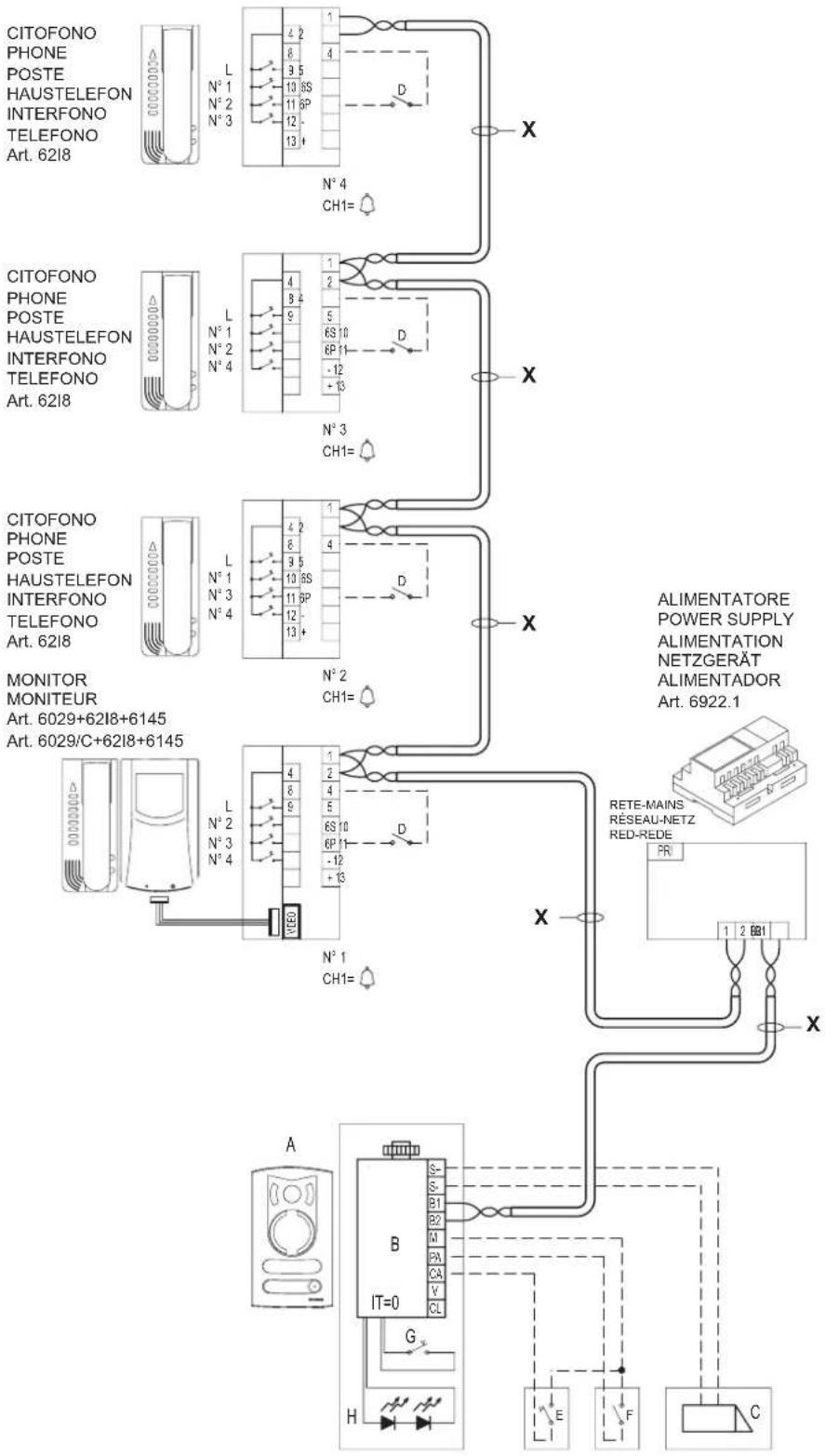 Vimar ELVOX 68IAR - SCHEMA DI COLLEGAMENTO KIT VIDEO 2 FILI MONOFAMILIARE CON 1 MONITOR E 3 CITOFONI WIRING DIAGRAM 2 WIRES VIDEO KIT WITH 1 MONITOR AND 3 PHONES FOR SINGLE RESIDENCE SCHÉMAS DE RACCORDEMENENT KIT VIDÉO 2 FILS AVEC 1 MONITOR ET 3 PHONES POUR VILLA VERDRAHTUNGSPLAN FÜR EINFAMILIEN-VIDEOTÜRSPRECHANLAGENSET MIT 1 MONITOR UND 3 HAUSTELEFONEN ESQUEMA DE CONEXIONADO KIT VÍDEO 2 HILOS CON 1 MONITOR, 3 PHONES UNIFAMILIAR ESQUEMA DE LIGAÇÃO KIT DE VIDEO 2 FIOS COM 1 MONITOR, 3 PHONES UNIFAMILIAR - 1