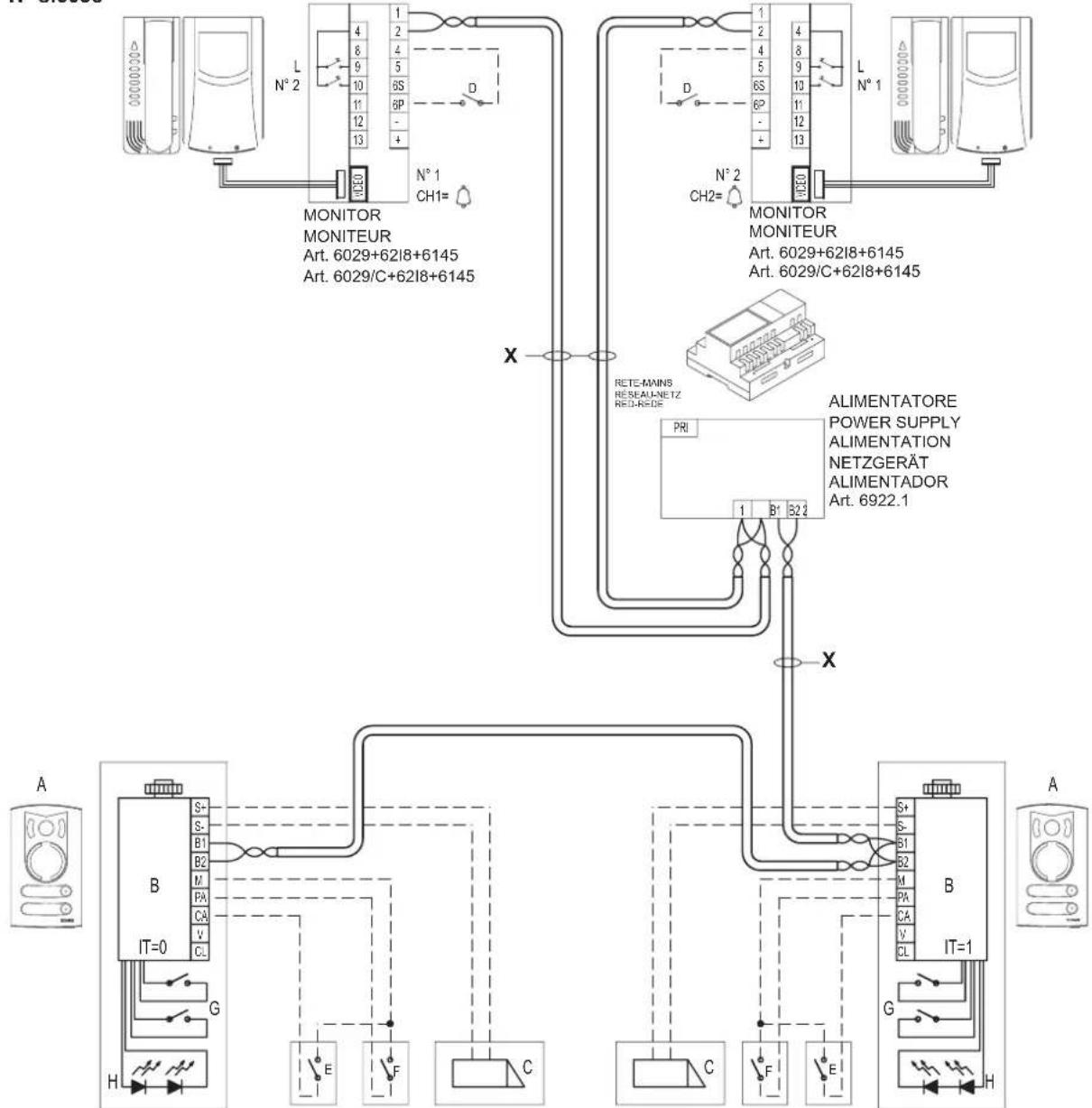 Vimar ELVOX 68IAR - ESQUEMA DE LIGAÇÃO KIT DE VIDEO PORTEIRO BIFAMILIAR COM 2 BOTONEIRAS EXTERNAS - 1