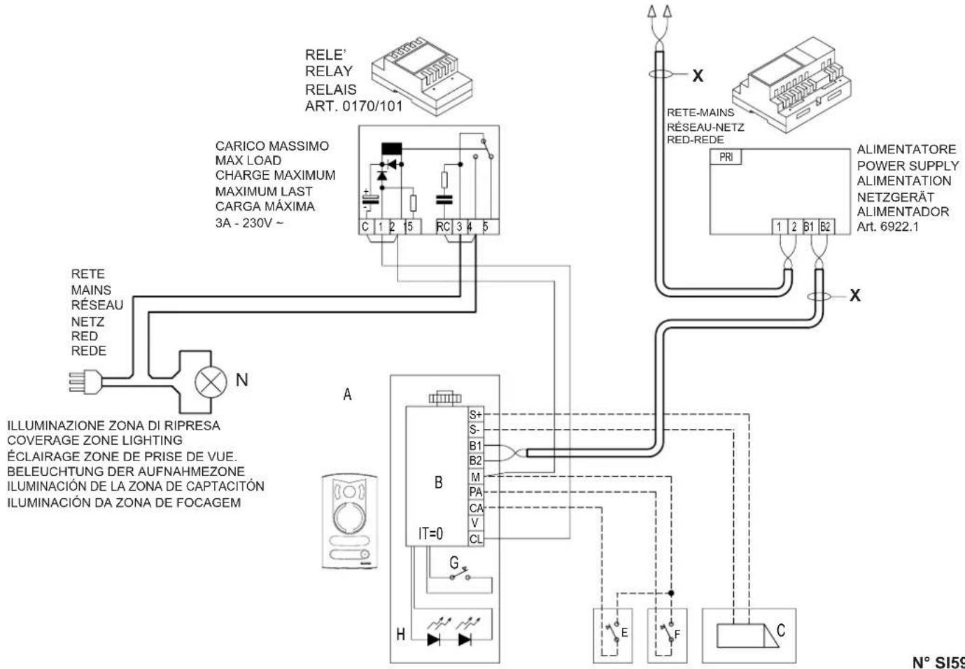 Vimar ELVOX 68IAR - WIRING DIAGRAM FOR TWIN RESIDENCE VIDEOKIT WITH ENTRANCE PANEL, 4 MONITORS, 3 IN ONE APARTMENT AND ONE IN ANOTHER SCHÉMA DE RACCORDEMENT POUR KIT VIDÉO BIFAMILIAL AVEC PLAQUE DE RUE, 4 MONITEURS, DONT 3 DANS UN APPARTMENT ET UN DANS L'AUTRE - 1
