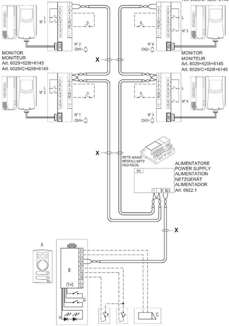 Vimar ELVOX 68IAR - ESQUEMA DE LIGAÇÃO PARA KIT VIDEO BIFAMILIAR COM 4 MONITORES - 1