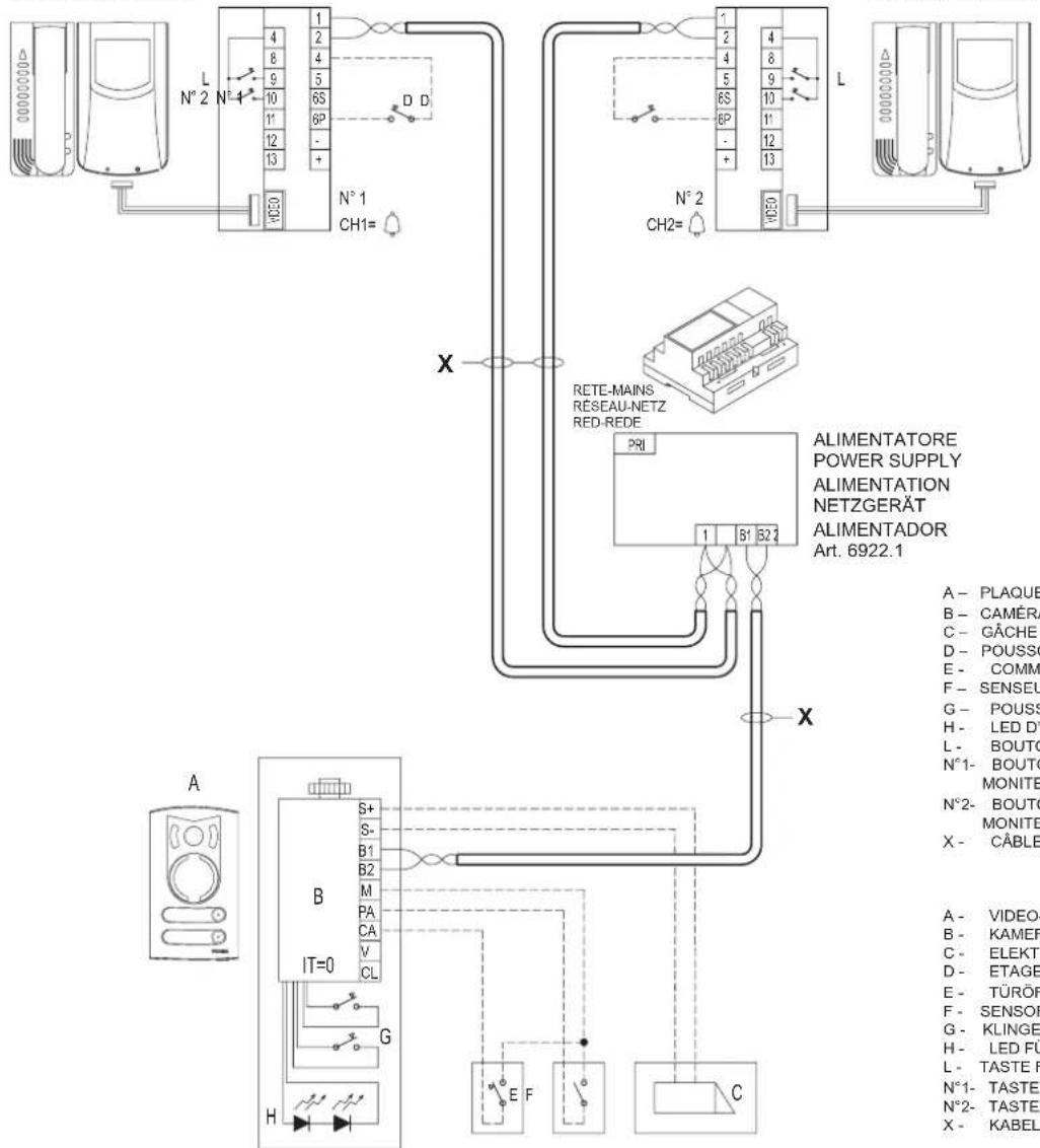 Vimar ELVOX 68IAR - VERDRAHTUNGSPLAN FÜR ZWEI FAMILIEN-VIDEOTÜRSPRECHANLAGENSET MIT EINEM 2-TASTEN-KLINGELTABLEAU ESQUEMA DE CONEXIONADO PARA KIT VIDEO BIFAMILIAR CON UNA PLACA CON DOS PULSADORES ESQUEMA DE LIGAÇÃO PARA KIT VIDEO BIFAMILIAR COM UMA BOTONEIRA COM DOIS BOTÕES - 1