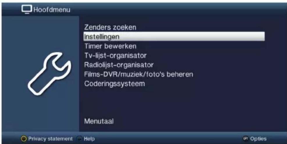 Hoofdmenu Zenders zoeken Instellingen Timer bewerken Tv-lijst-organisator Radiolijst-organisator Films-DVR/muziek/foto's beheren Coderingssysteem Menutaal Privacy statement Help Opt Options