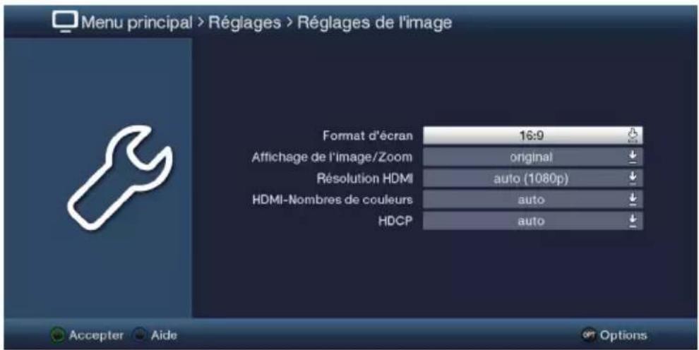 Menu principal > Réglages > Réglages de l'image Format d'écran 16:9 Affichage de l'image/Zoom original Résolution HDMI auto (1080p) HDMI-Nombres de couleurs auto HDCP auto