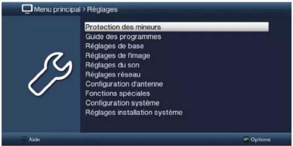 Menu principal > Réglages Protection des mineurs Guide des programmes Réglages de base Réglages de l'image Réglages du son Réglages réseau Configuration d'antenne Fonctions spéciales Configuration système Réglages installation système