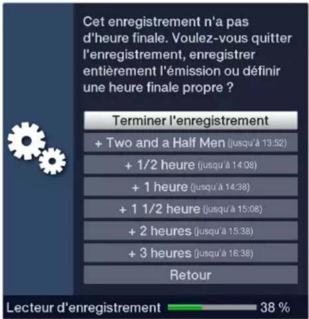 Cet enregistrement n'a pas d'heure finale. Voulez-vous quitter l'enregistrement, enregistrer entièrement l'émission ou définir une heure finale propre ? Terminer l'enregistrement + Two and a Half Men (jusqu'à 13:52) + 1/2 heure (jusqu'à 14:08) + 1 heure (jusqu'à 14:38) + 1 1/2 heure (jusqu'à 15:08) + 2 heures (jusqu'à 15:38) + 3 heures (jusqu'à 16:38) Retour Lecteur d'enregistrement 38 %