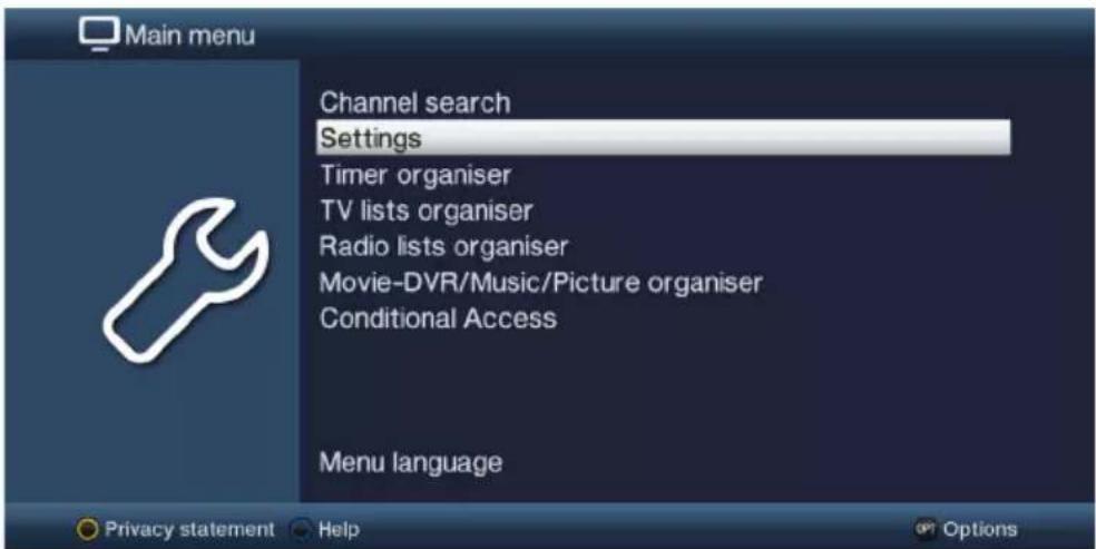 Main menu Channel search Settings Timer organiser TV lists organiser Radio lists organiser Movie-DVR/Music/Picture organiser Conditional Access Menu language Privacy statement Help Options