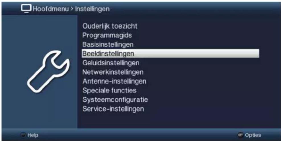 Hoofdmenu > Instellingen Ouderlijk toezicht Programmagids Basisinstellingen Beeldinstellingen Geluidsinstellingen Netwerkinstellingen Antenne-instellingen Speciale functies Systeemconfiguratie Service-instellingen