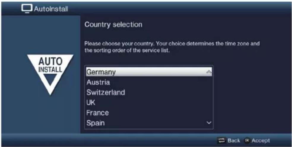 AutoInstall Country selection Please choose your country. Your choice determines the time zone and the sorting order of the service list. Germany Austria Switzerland UK France Spain Back Accept