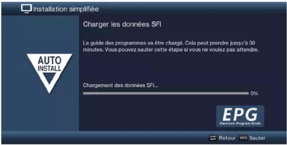Installation simplifiée Charger les données SFI Le guide des programmes va être chargé. Cela peut prendre jusqu'à 30 minutes. Vous pouvez sauter cette étape si vous ne voulez pas attendre. Chargement des données SFI... 0% AUTO INSTALL EPG Electronic Program Guide Retour INFO Sauter