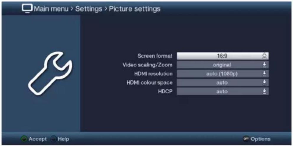 Main menu > Settings > Picture settings Screen format 16:9 Video scaling/Zoom original HDMI resolution auto (1080p) HDMI colour space auto HDCP auto Accept Help Options