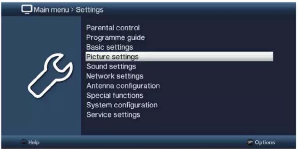 Main menu > Settings Parental control Programme guide Basic settings Picture settings Sound settings Network settings Antenna configuration Special functions System configuration Service settings Help Options