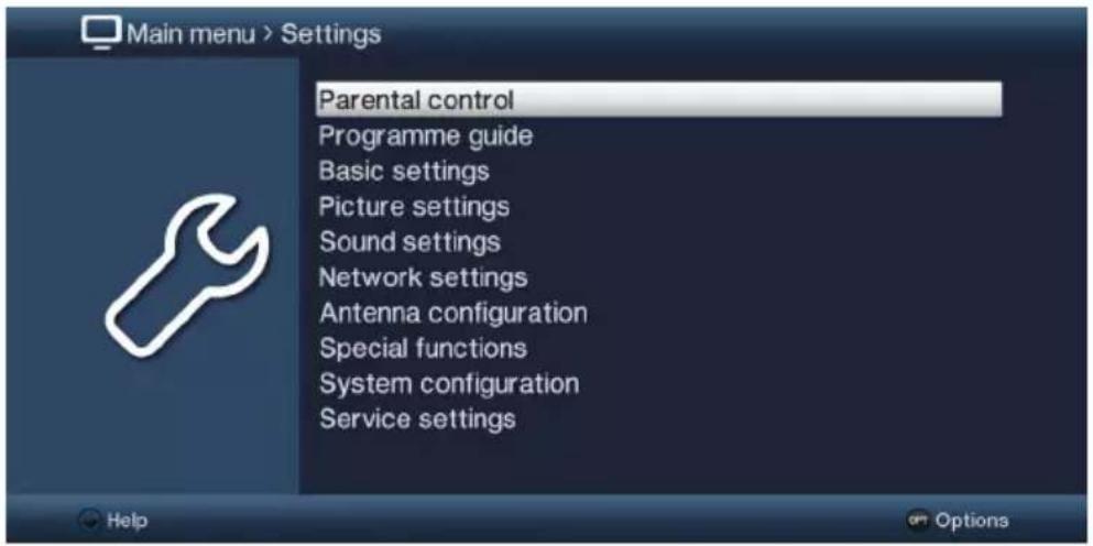Main menu > Settings Parental control Programme guide Basic settings Picture settings Sound settings Network settings Antenna configuration Special functions System configuration Service settings Help Options