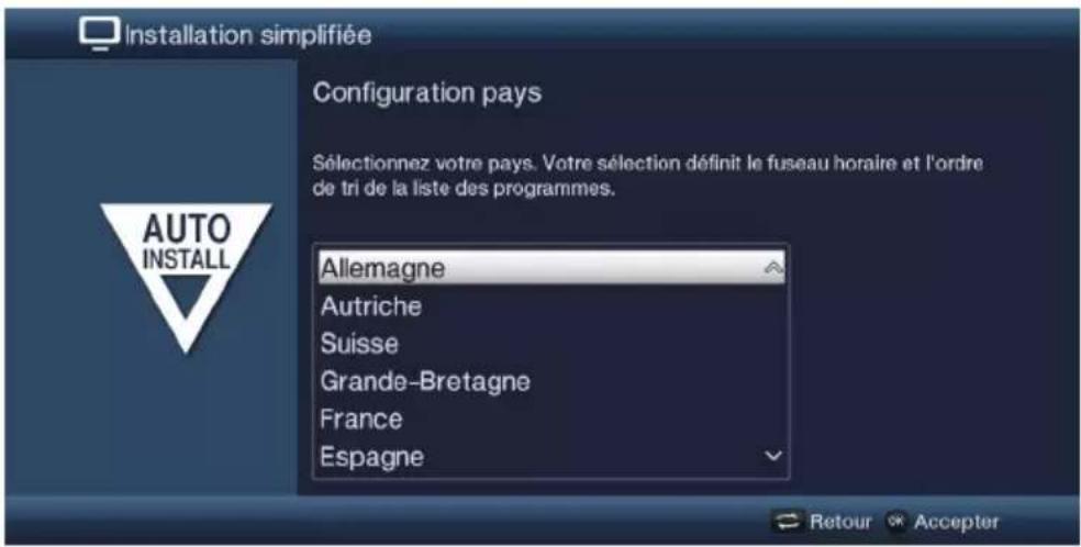 Installation simplifiée Configuration pays Sélectionnez votre pays. Votre sélection définit le fuseau horaire et l'ordre de tri de la liste des programmes. AUTO INSTALL Allemagne Autriche Suisse Grande-Bretagne France Espagne Retour Accepter