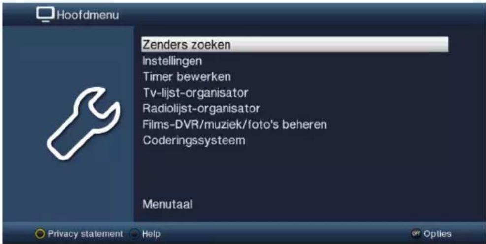 Hoofdmenu Zenders zoeken Instellingen Timer bewerken Tv-lijst-organisator Radiolijst-organisator Films-DVR/muziek/foto's beheren Coderingssysteem Menutaal Privacy statement Help Opt Options