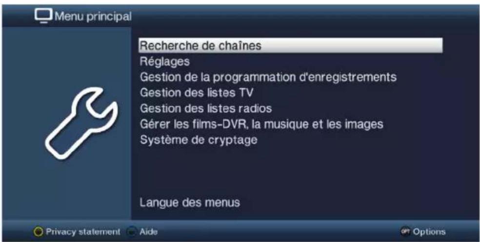 Menu principal Recherche de chaînes Réglages Gestion de la programmation d'enregistrements Gestion des listes TV Gestion des listes radios Gérer les films-DVR, la musique et les images Système de cryptage Langue des menus Privacy statement Aide Options