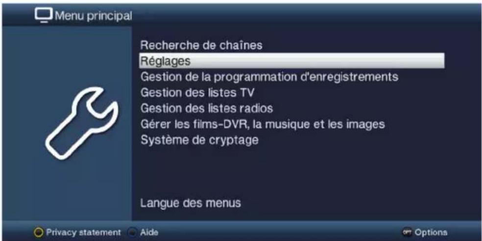 Menu principal Recherche de chaînes Réglages Gestion de la programmation d'enregistrements Gestion des listes TV Gestion des listes radios Gérer les films-DVR, la musique et les images Système de cryptage Langue des menus Privacy statement Aide Options