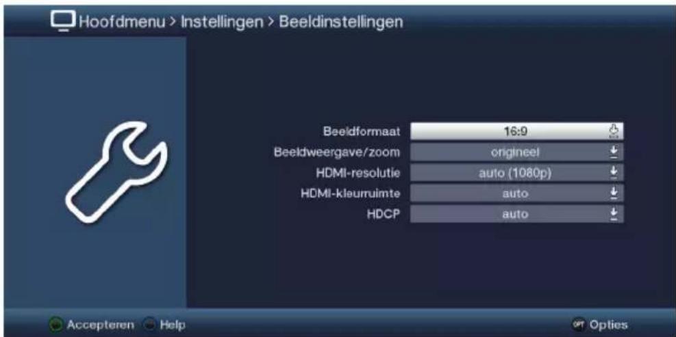 Hoofdmenu > Instellingen > Beeldinstellingen Beeldformaat 16:9 Beeldweergave/zoom origineel HDMI-resolutie auto (1080p) HDMI-kleurruimte auto HDCP auto Accepteren Help Opt Options