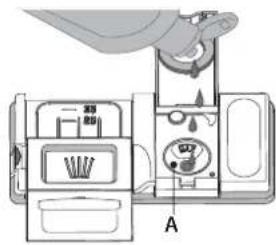 Diagram of a refrigerator interior with labeled compartments and hand holding a bag, showing internal fixtures and a water level indicator.